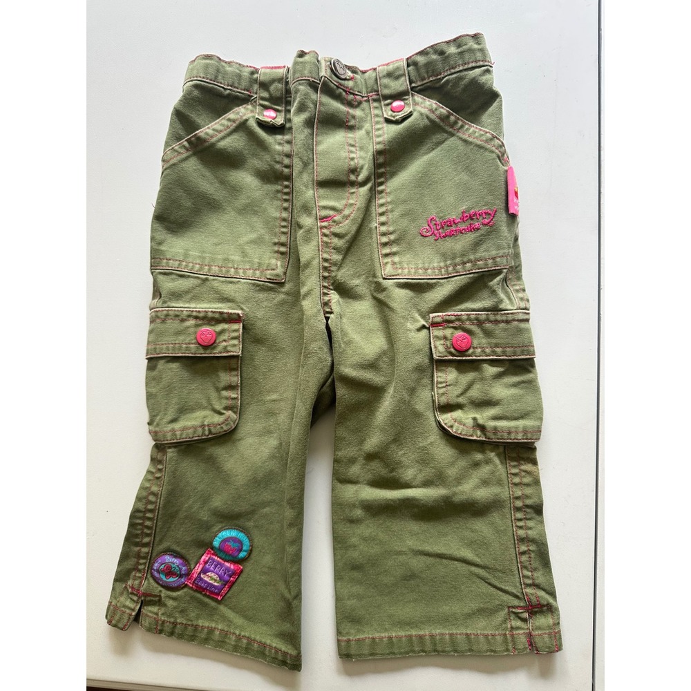 Vintage Strawberry Shortcake Girls Olive Green Cargo Pants Pink Stitching 24M